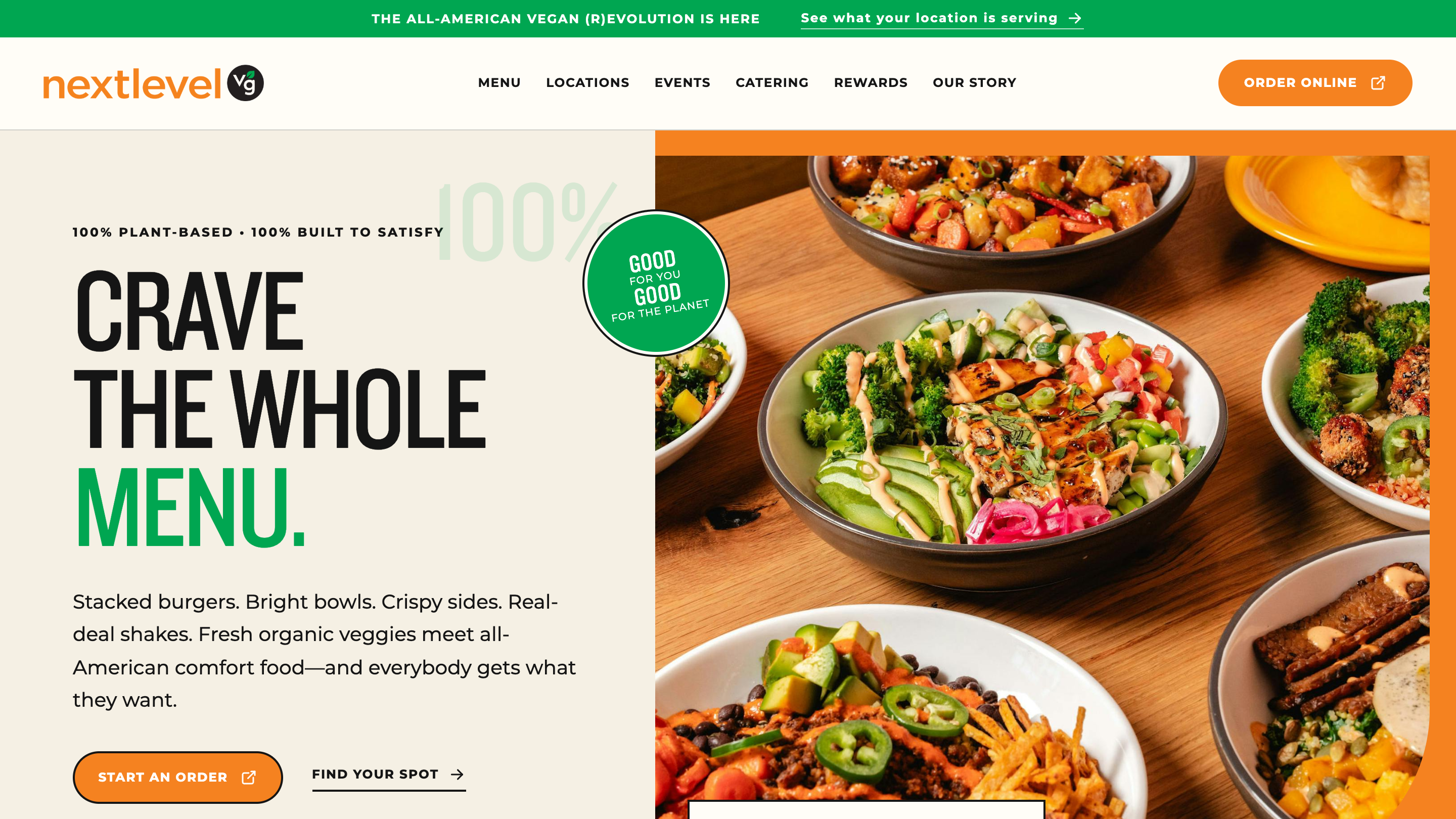 Next Level Veggie Grill private redesign homepage