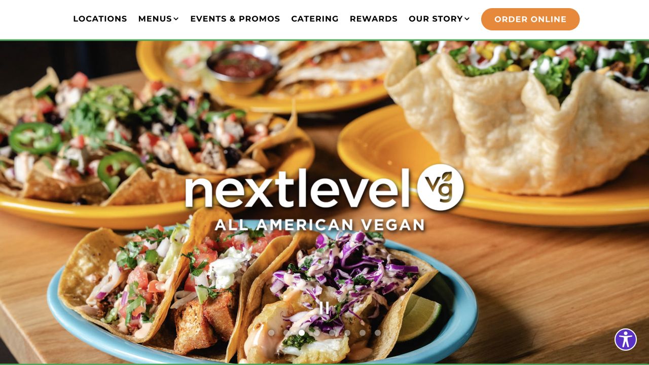 Next Level Veggie Grill current website homepage