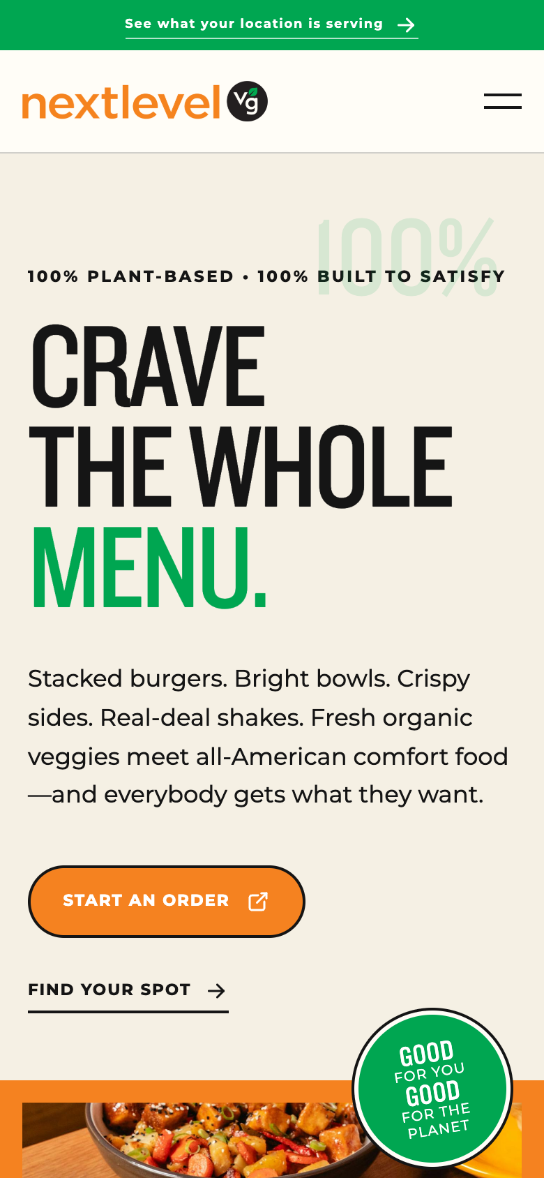 Next Level Veggie Grill redesign at a 390 pixel mobile viewport